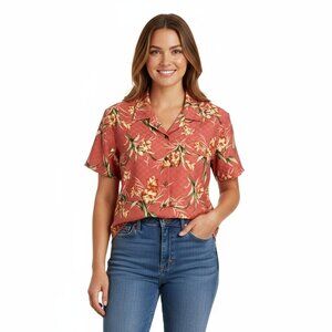 Hilo Hattie 100% Silk Button Up Shirt Size 10 Women's Pink Floral Hawaiian Beach